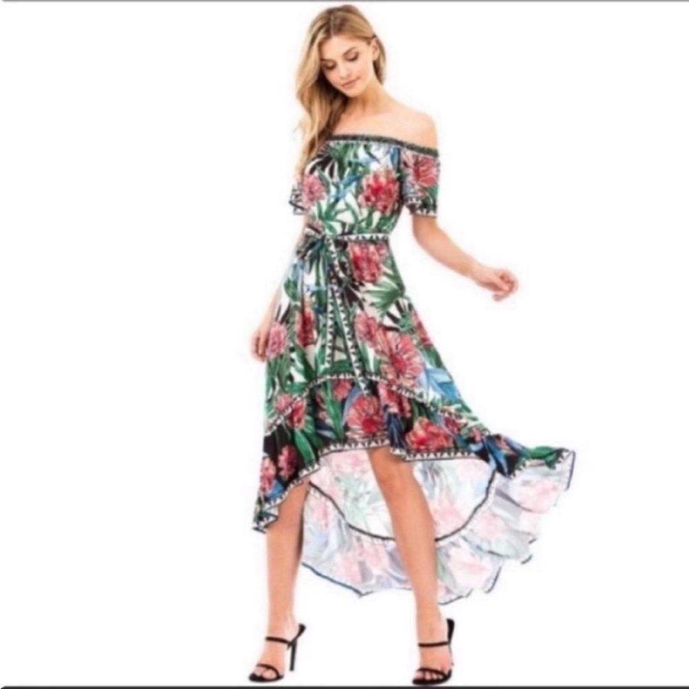 Flying Tomato Women's Off The Shoulder Tropical Belted High Low Dress Size S